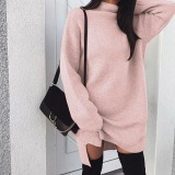 Long Sleeve High Neck Slit Knit Causal Dress 