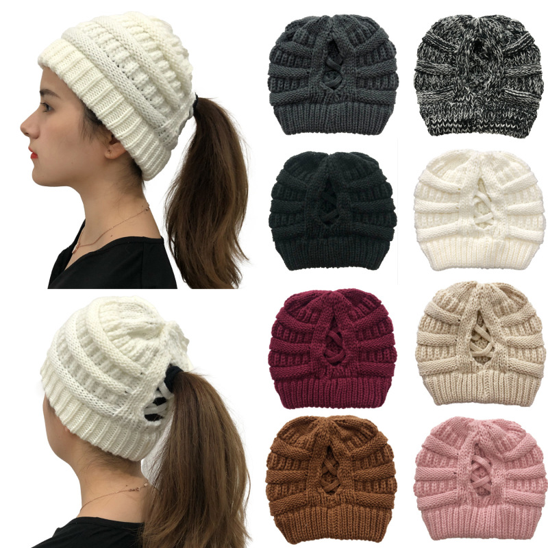 Winter Cross Ponytail Knitted Hat with Back Opening for Ponytail Hair
