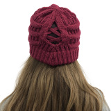 Winter Cross Ponytail Knitted Hat with Back Opening for Ponytail Hair