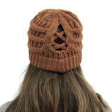 Winter Cross Ponytail Knitted Hat with Back Opening for Ponytail Hair