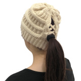 Winter Cross Ponytail Knitted Hat with Back Opening for Ponytail Hair