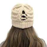 Winter Cross Ponytail Knitted Hat with Back Opening for Ponytail Hair