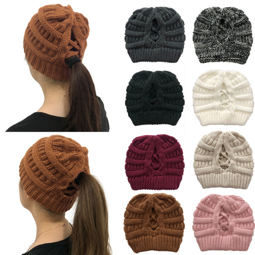 Winter Cross Ponytail Knitted Hat with Back Opening for Ponytail Hair