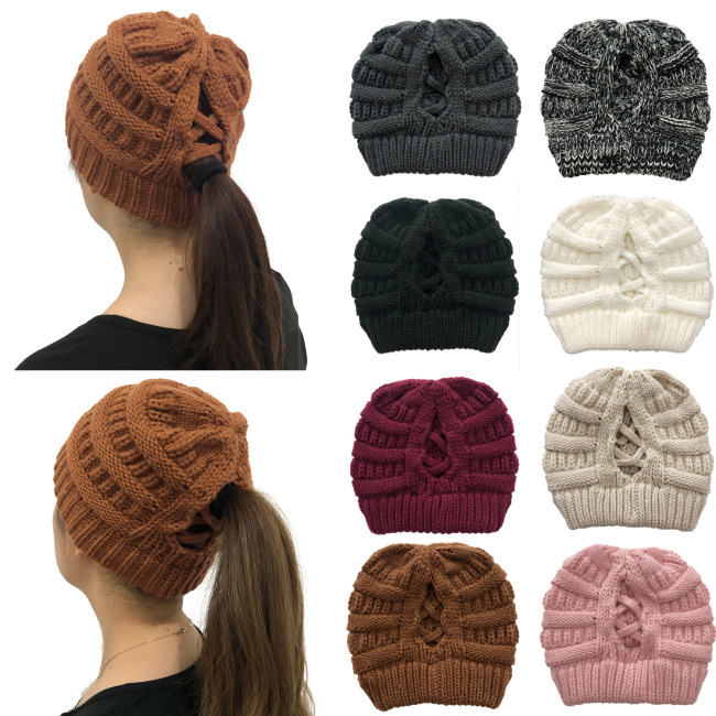 Winter Cross Ponytail Knitted Hat with Back Opening for Ponytail Hair
