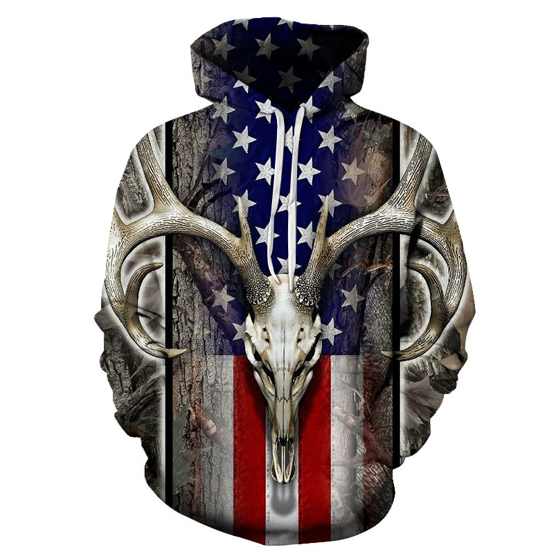 Spring and Autumn New Flag and Deer Skull 3D Long-sleeved Hooded Sweater