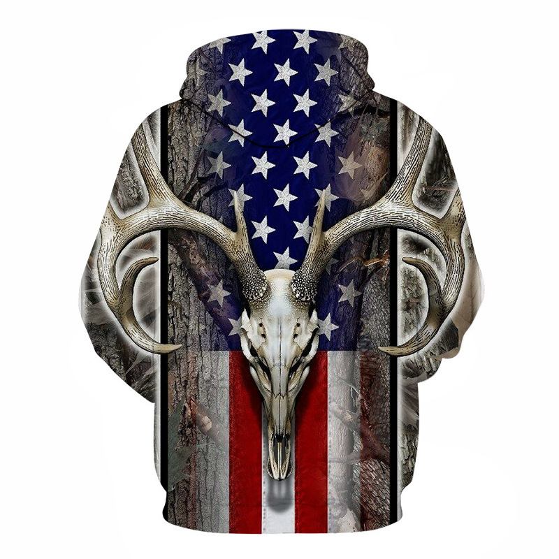 Spring and Autumn New Flag and Deer Skull 3D Long-sleeved Hooded Sweater