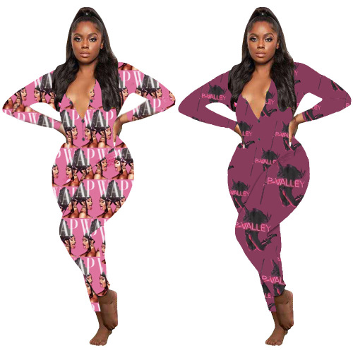 Long Sleeve Casual Print Jumpsuit 