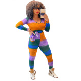 Colorblock V Neck Long Sleeve Two Pieces Outfit