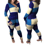 Colorblock V Neck Long Sleeve Two Pieces Outfit