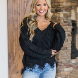 V-Neck Solid Color Sweater Top
