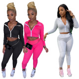 Solid Color Long Sleeve Sporty Suit Two pieces Set