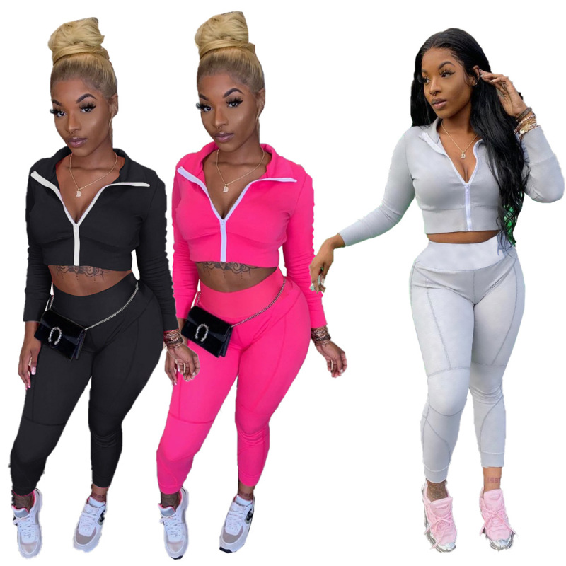 Solid Color Long Sleeve Sporty Suit Two pieces Set