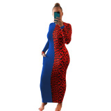 Fashion Long Sleeve Leopard Colorblock Long Dress