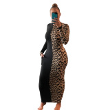 Fashion Long Sleeve Leopard Colorblock Long Dress