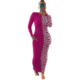 Fashion Long Sleeve Leopard Colorblock Long Dress