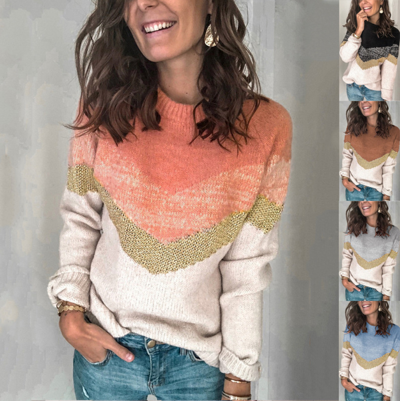 Contrast Stitching Knit Sweater Pullover Round Neck Raglan Sleeve Women Sweater