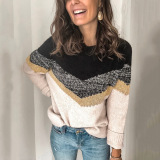 Contrast Stitching Knit Sweater Pullover Round Neck Raglan Sleeve Women Sweater