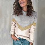 Contrast Stitching Knit Sweater Pullover Round Neck Raglan Sleeve Women Sweater