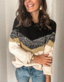 Contrast Stitching Knit Sweater Pullover Round Neck Raglan Sleeve Women Sweater