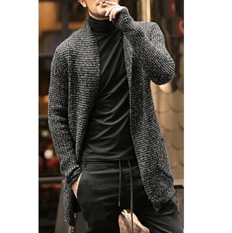 Knitted Cardigan Sweater Men 2021 Autumn Mens Long Sweater Jacket Casual Slim Fit Trench Knitwear Sweaters Streetwear Tops Gray