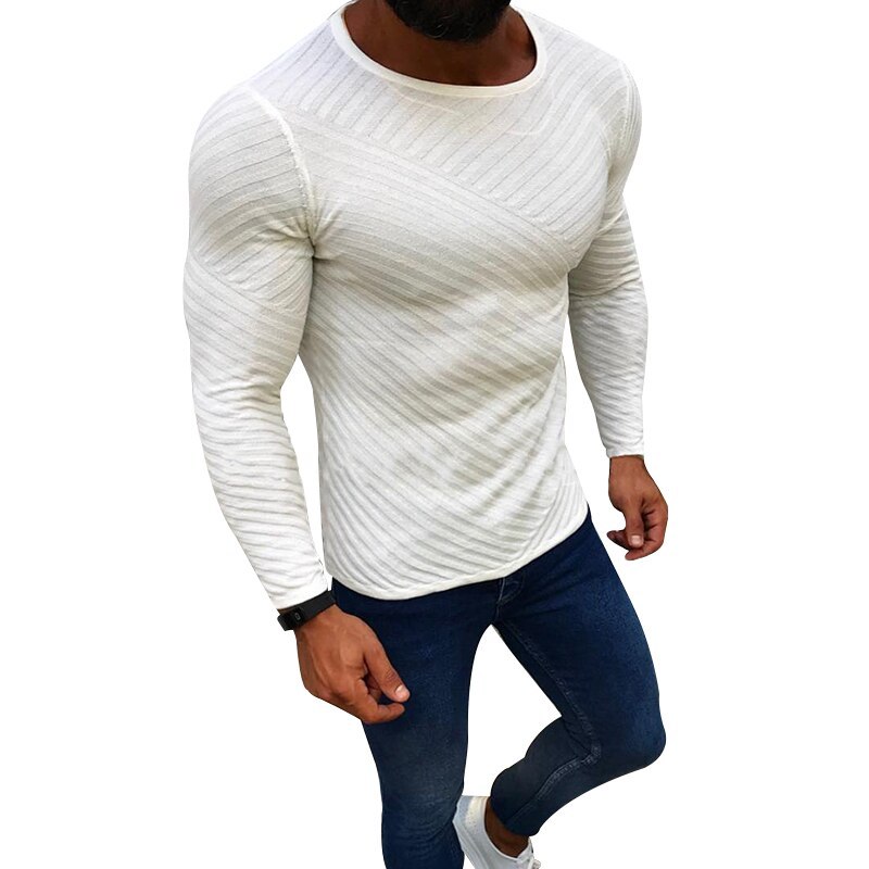 New Mens Fashion Knitted Sweaters Striped Pullovers Male Winter Warm Casual Slim Fit Solid Color Stitching Long Sleeved Knitwear