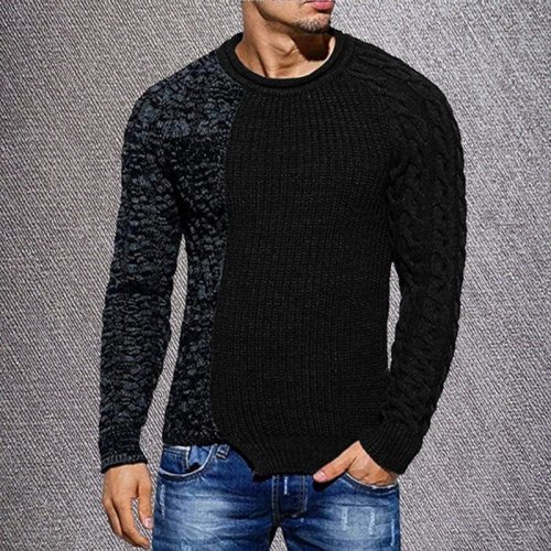 2021 Men's Fashion Solid Color Autumn Knit O-Neck Long Sleeve Spliced Sweaters Casual Slim Fit Pullover Tops