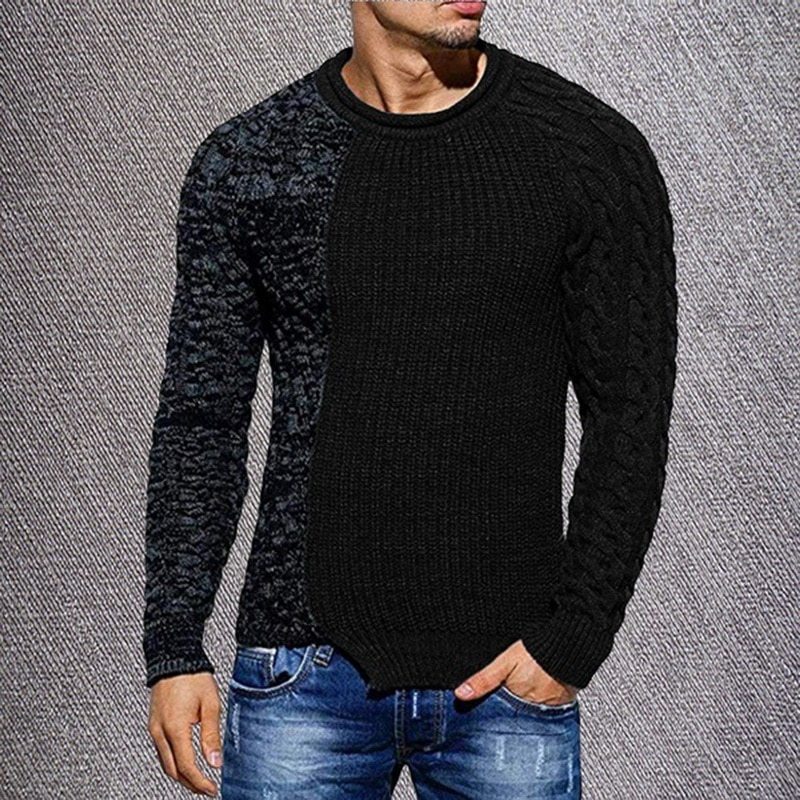 2021 Men's Fashion Solid Color Autumn Knit O-Neck Long Sleeve Spliced Sweaters Casual Slim Fit Pullover Tops