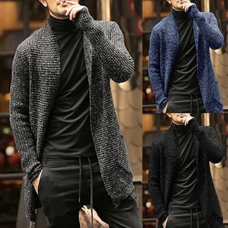Knitted Cardigan Sweater Men 2021 Autumn Mens Long Sweater Jacket Casual Slim Fit Trench Knitwear Sweaters Streetwear Tops Gray