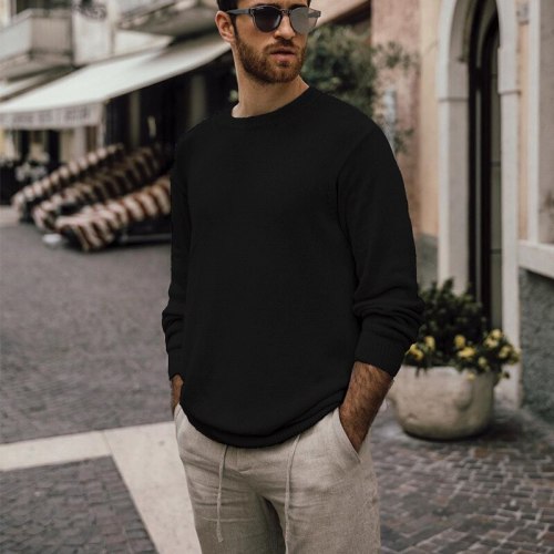 Mens O-neck Cotton Pullover Solid Spacious Autumn Spring Warm Perfect Quality Long Sleeve Clothes Knitted Casual Hombre Sweater