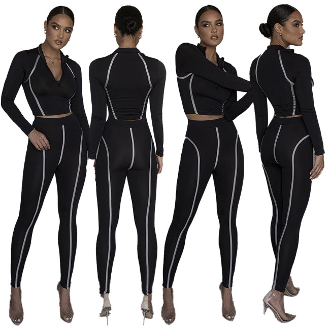 Street Style Print Black Long Sleeve Two Piece Set