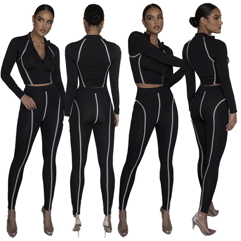 Street Style Print Black Long Sleeve Two Piece Set