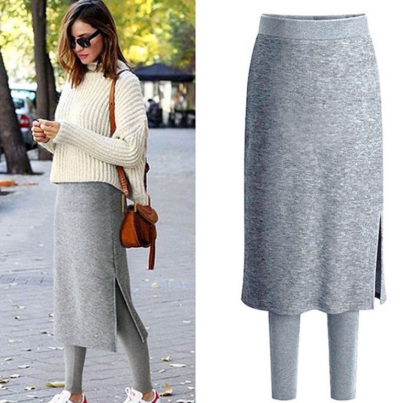 Fake Two Pieces Leggings Womens Fashion Slim-Fit Spring Autumn Plus Size  Winter Warm Fleece Long Skirt Leggings