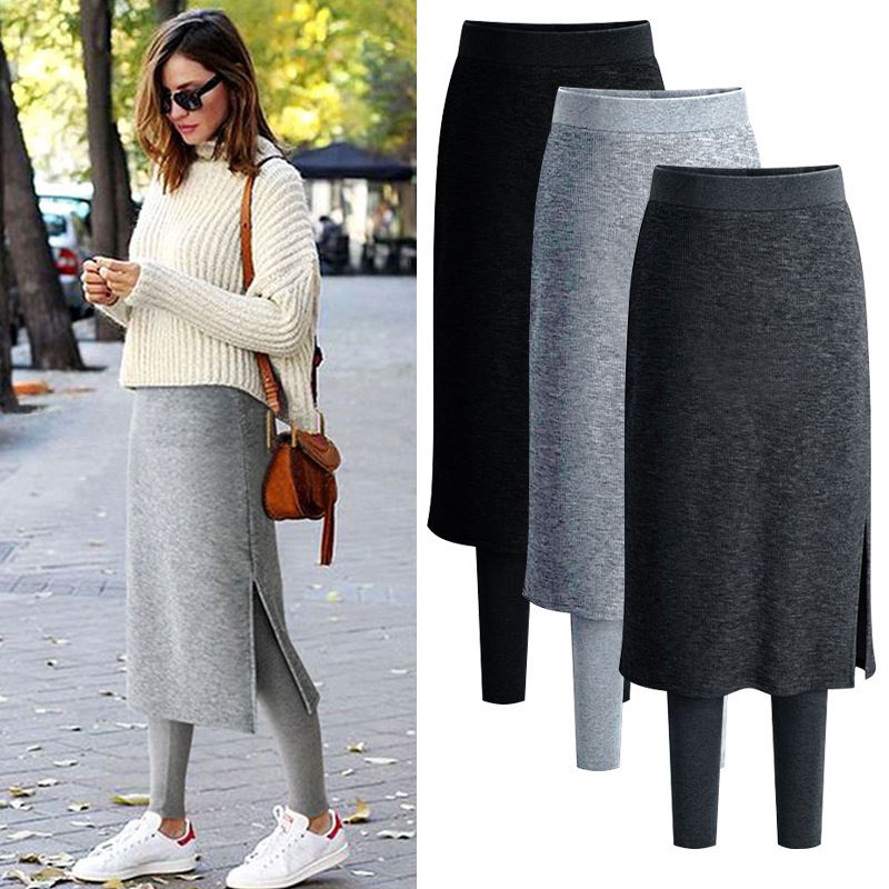 Fake Two Pieces Leggings Womens Fashion Slim-Fit Spring Autumn Plus Size  Winter Warm Fleece Long Skirt Leggings