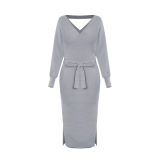 Lady Elegant V-Neck Long Sleeve Knit Sweater Dress Khaki Black Gray Red Rose Red S-XL