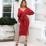 Lady Elegant V-Neck Long Sleeve Knit Sweater Dress Khaki Black Gray Red Rose Red S-XL