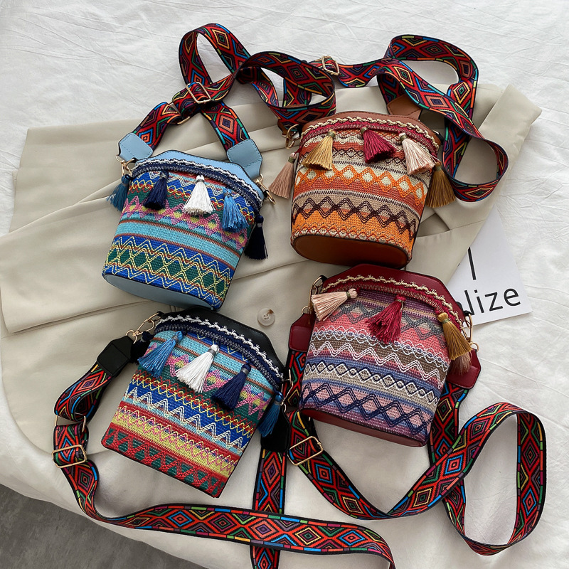 Hot Selling Bohemian Tassel Bucket Shoulder Bag Black Blue Brown Red