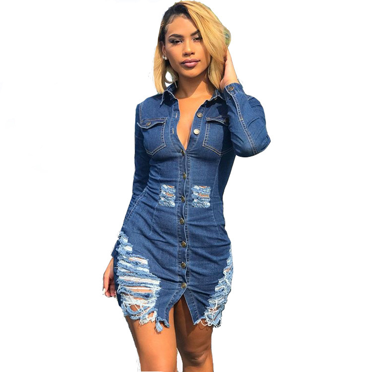 Hot Sale Stylish Women Long Sleeve Button Up Jean Dress Black Blue S-XXL
