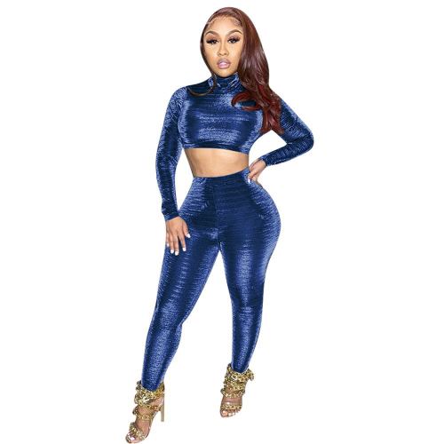 Women Stylish Shining High Neck Long Sleeve Crop Tops Slim Pants Sexy Two pieces Outfit Army Green Blue S-XXL