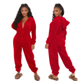 Hot Sale Women Solid Color Lambswool Warn Winter Long Sleeve Ear Hoodies Homewear Jumpsuits White Red Gray Black Pink Blue Brown S-XXL