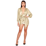 Women Sexy Shining Deep V-Neck Long Sleeve Mini Wrap Dress Beige Silver Purple Dark Blue Rose Gold Green XS-XXL