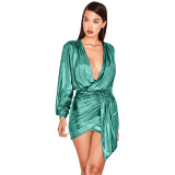 Women Sexy Shining Deep V-Neck Long Sleeve Mini Wrap Dress Beige Silver Purple Dark Blue Rose Gold Green XS-XXL
