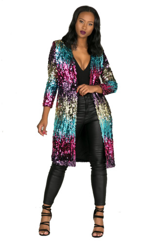 Women Hot Sale Colourful Sequin Long Sleeve Long Coat S-XL