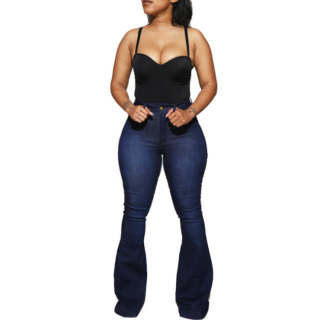 Women High Waist Slim Elasticity Boot Cut Pants White Black Blue S-3XL