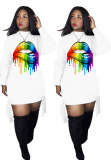 Lady Fashion Lips Printing Strappy Long Sleeve Mini Dress White Orange Black Rose Red Blue S-3XL