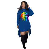 Lady Fashion Lips Printing Strappy Long Sleeve Mini Dress White Orange Black Rose Red Blue S-3XL