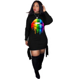 Lady Fashion Lips Printing Strappy Long Sleeve Mini Dress White Orange Black Rose Red Blue S-3XL