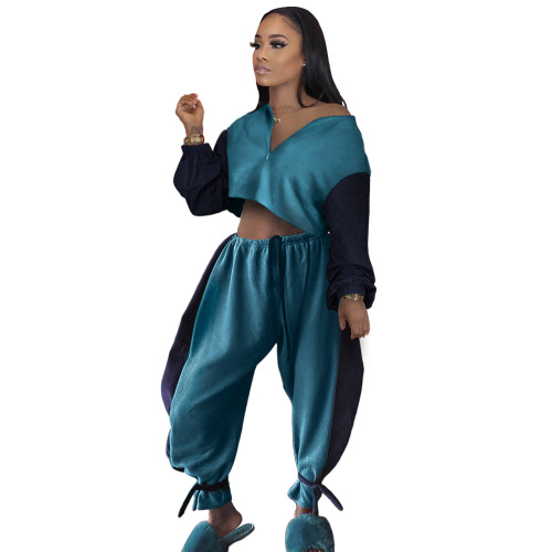 Women Fashion Colorblock Zipper Neck Long Sleeve Tops Drawstring Wide Leg Pants Blue Khaki S-XL