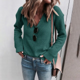 2021 Warm Fashion Winter/Autumn Dress Deep V-neck Long Sleeve Solid Color Women Knitted Top Sweater