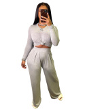 Women Solid Color Causal Two Piece Set Gray Black Wine Red Blue S-2XL