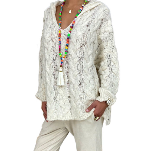 2021 New Sweater Long Sleeve Solid Color Twist Knit Hoodie Fashion Sweater